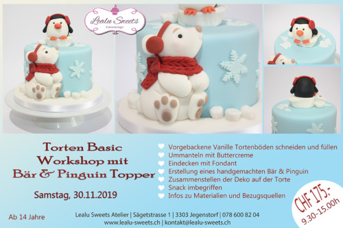 Einstöckige Torte Basic mit Bär und Pinguin Topper