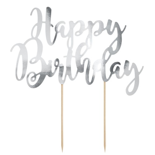 PartyDeco Cake Topper Happy Birthday - Silber